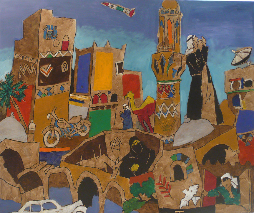 MF HUSAIN, Yemen, 2008, acrylic on canvas, 194.5 × 235 cm. Collection of Mathaf.