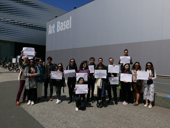 On June 12, during Art Basel, 15 to 17 people including Hong Kong artists, curators, gallerists, journalists, and colleagues who work or have worked in Hong Kong, gathered in Messeplatz for a moment of solidarity with those protesting the extradition bill in Hong Kong. The group met again the following day on June 13. Photo by HG Masters for ArtAsiaPacific.