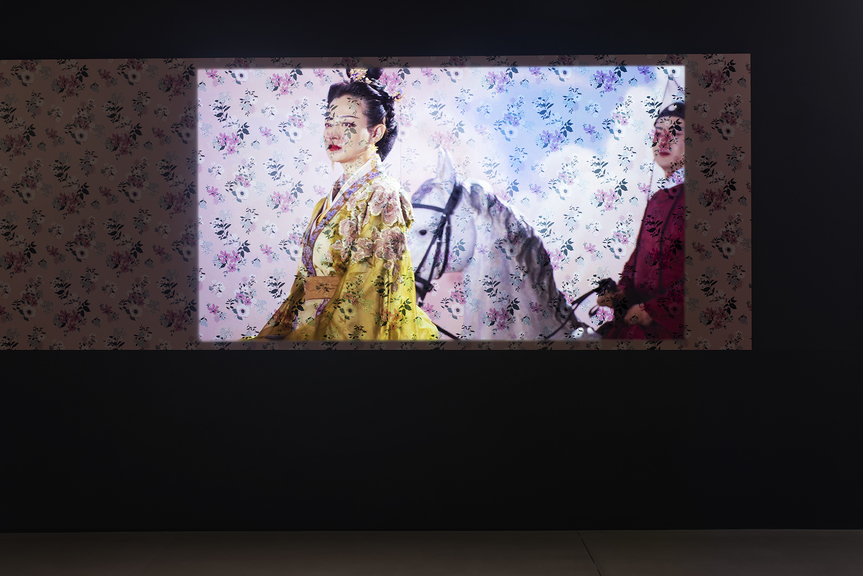 Installation view of YANG FUDONG’s Dawn Breaking – A Museum Film Project,  2018, 36-channel video documentation of 36-day durational performance at Long Museum, Shanghai, dimensions and durations variable, at “Beyond GOD and Evil – Preface,” Marian Goodman Gallery, London, 2019. Photo by Thierry Bal. Copyright the artist. Courtesy the artist, Long Museum, and Marian Goodman Gallery.