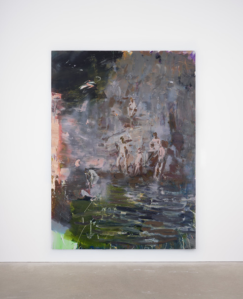 Installation view of WEI JIA’s River Bay, 2019, acrylic on canvas, 275 × 200 cm, at “Singing the Body Electric,” David Zwirner, Hong Kong, 2019. Copyright the artist. Courtesy Michael Ku Gallery, Taipei; and David Zwirner, New York / London / Hong Kong.