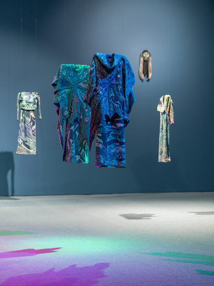 Installation view of the costumes worn in ZADIE XA’s performance Grandmother Mago, 2019, mixed media, dimensions variable, at “Child of Magohalmi and the Echos of Creation,” Yarat Contemporary Art Centre, Baku, 2019.