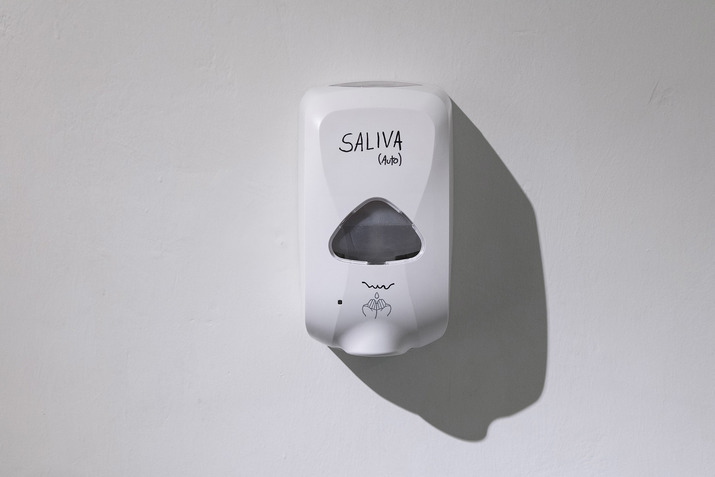 Installation view of CHRIS SHEN’s Saliva (Auto), 2019, automatic hand sanitizer and artist’s saliva, 15 × 17 × 10 cm, at “Cold Hands, Warm Heart,” Bedroom, Hong Kong, 2019.