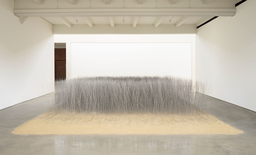 Installation view of LEE UFAN’s Relatum (formerly Iron Field), 1969/2019, sand and steel, 111.8 × 934.7 × 619.8 cm, at Dia:Beacon, New York, 2019.