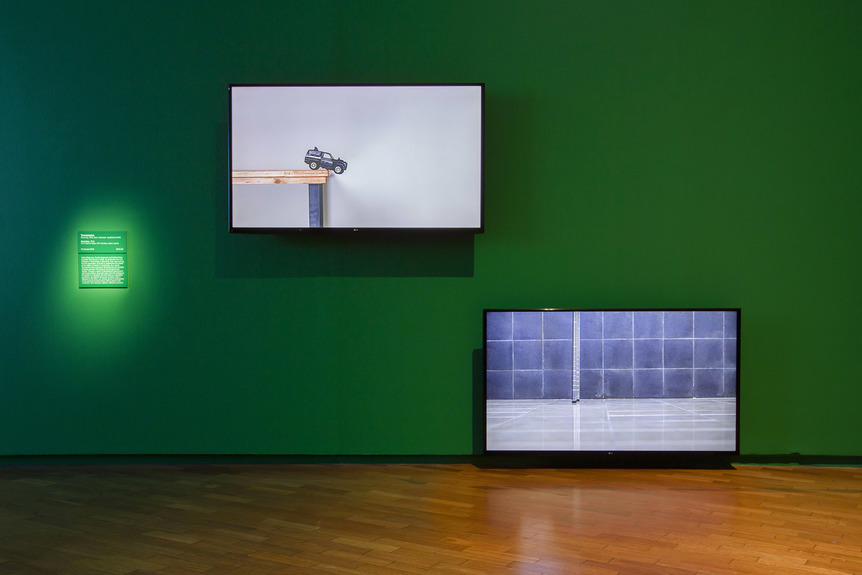 Installation view of TROMARAMA’s Quandary, 2016, two-channel video: 3 min 47 sec, at “Contemporary Worlds: Indonesia,” National Gallery of Australia, Canberra, 2019. Courtesy the artist and Edouard Malingue Gallery, Hong Kong / Shanghai.