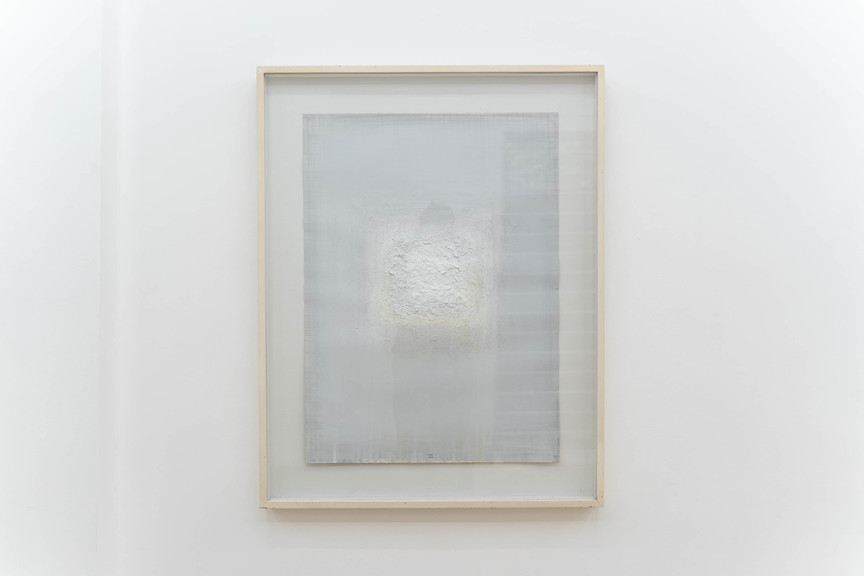 Installation view of LAO LIANBEN’s Piece of light, 1997, acrylic, modeling paste on paper, 73.7 × 94 cm, at “More Light Than Heat,” Calle Wright, Manila, 2019.