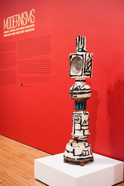 Installation view of PARVIZ TANAVOLI’s Shirin, Beloved of King, 1963, glazed ceramic and metal, 151 × 36 × 36 cm, at "Modernisms: Iranian, Turkish, and Indian Highlights from NYU’s Abby Weed Grey Collection,” Grey Art Gallery, New York University, 2019. Photo by Nicholas Papananias. Copyright the artist