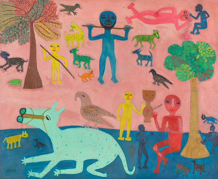 MADHVI PAREKH, Playing With Animals, 1989, oil on canvas, 113.5 × 139.7 cm. Courtesy DAG, New York.