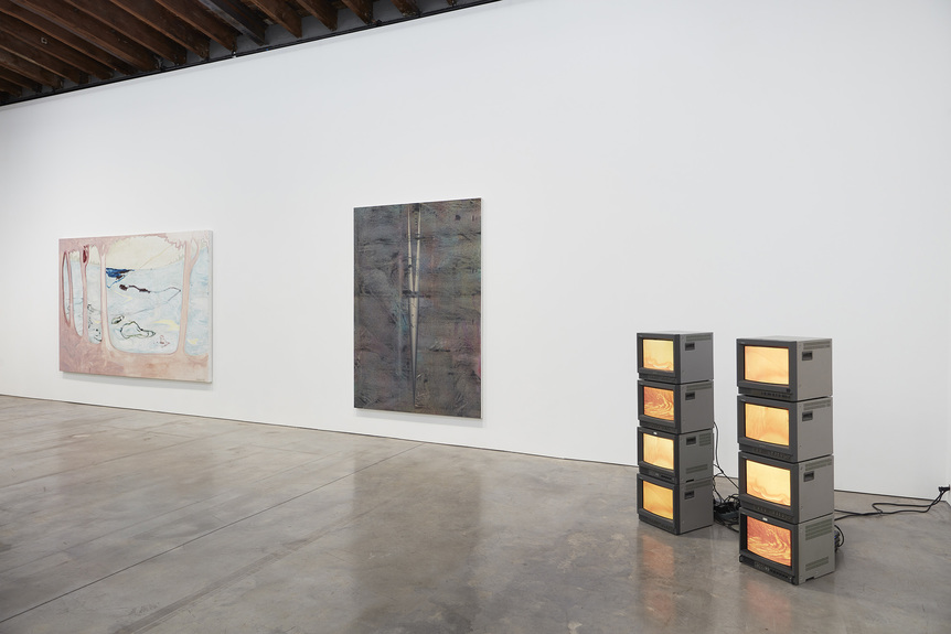 Installation view of (from left to right) ZHAO YANG’s Roma Is a Lake 181202, 2018, oil and acrylic on canvas, 198 × 305 cm; HE WEI’s No. 135, 2018–19, oil on canvas, 230 × 160 cm; WU DI’s Golden River, 2017, 8 monitors, sound by Soviet Pop, video made in collaboration with Lyu Zhiqiang: 20 min 19 sec, at “A Composite Leviathan: 12 Emerging Artists from China,” 2019, Luhring Augustine Bushwick. Copyright the artists. Courtesy the artists and Luhring Augustine, New York.