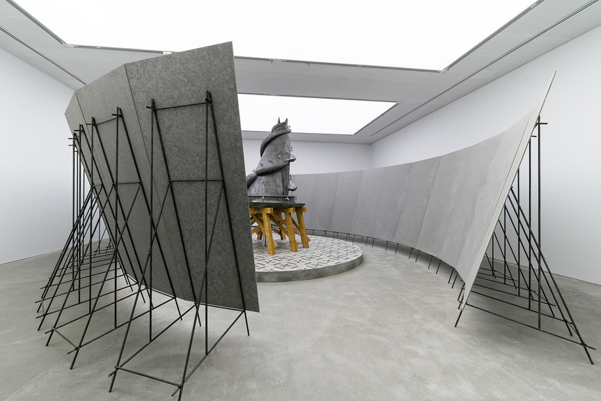 Installation view of LU LEI’s The Parentheses Corridor and Hand Washing Basins, 2019, aluminium casting, 32 sets of faucets, water inlet and outlet system, oriented stringboard base, 365 × 270 × 240 cm, at “Wander Giant,” ShanghArt Gallery, Shanghai, 2019.