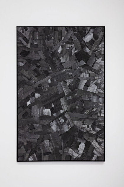 Installation view of LEE BAE’s Issu du Feu, ch-66, 2003, charcoal on canvas, 260 × 170 cm, at “Promenade,” Perrotin, New York, 2019.