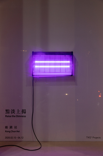 Installation view of KONG CHUN HEI’s Be free from your burden of luscious color, 2017, LED light tubes, electric bug zapper, 38.4 × 64.5 × 8.5 cm, at “Raise the Dimness,” TKG+, Taipei, 2020.