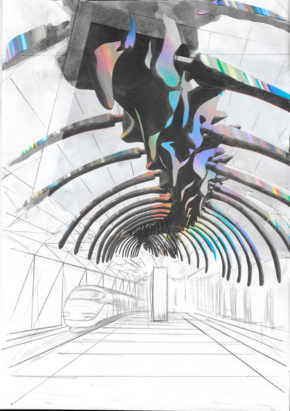 Sketch of Rainbow Snake, 2018, draft for the public commission for Haga underground station, Gothenburg, collage and pencil on paper, 21 × 29 cm. 
Courtesy the artist and Public Art Agency Sweden.