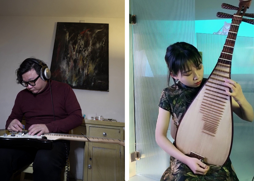 FENG HAO at home with his guitar and XIA YUYAN improvising on the traditional Chinese pipa. All screen grab composites by Andrew Stooke for ArtAsiaPacific unless otherwise indicated.