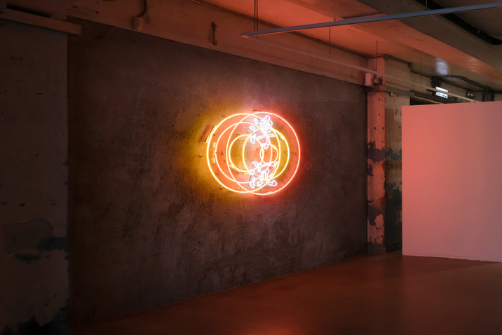 Installation view of CHEN WEI’s Drifting Along (Hong Kong), 2020, neon light installation, dimensions variable, at “Anonymous Society for Magick,” Blindspot Gallery, Hong Kong, 2020.