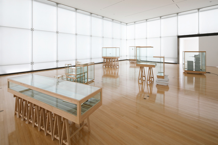 Installation view of TSUYOSHI HISAKADO’s A polite existence, 2020, paper, clock, brass, wood, mechanical pencil lead, battery, chestnut, acrylic and others, dimensions variable, at “Practice of Spiral,” Toyota Municipal Museum of Art. Photo by Takeshi Koroda.