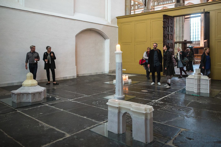 Installation view of ISWANTO HARTONO’s Monuments, 2017, wax, FRP, dimensions variable, at Europalia Indonesia, Oude Kerk, Amsterdam, 2017. Courtesy Oude Kerk.