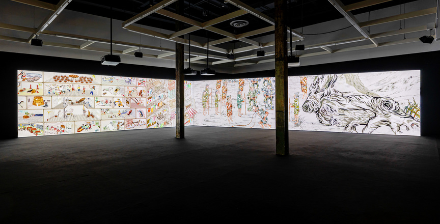 Installation view of HOWIE TSUI’s Retainers of Anarchy, 2017, five-channel algorithmic animation sequence, six-channel audio: 3.4 × 24.2 m, at “From swelling shadows, we draw our bows,” The Power Plant, Toronto, 2020. Photo by Toni Hafkenscheid. Courtesy the artist.