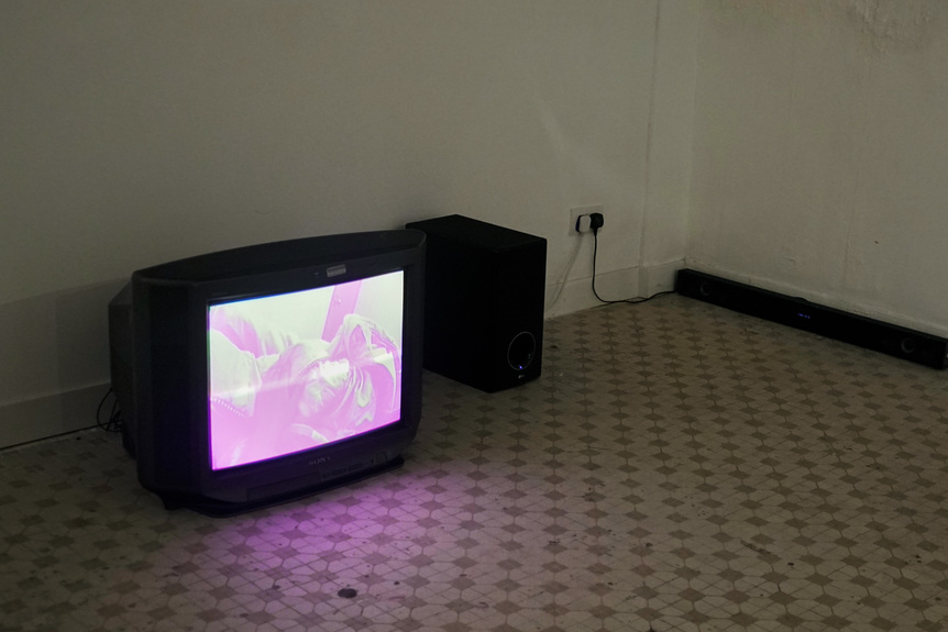 Installation view of CHAN HO LOK’s How a Bipolar Starts the Day, 2016, single-channel video installation, looped: 1 min 53 sec, at “Surviving Natality,” Present Projects, Hong Kong, 2021.