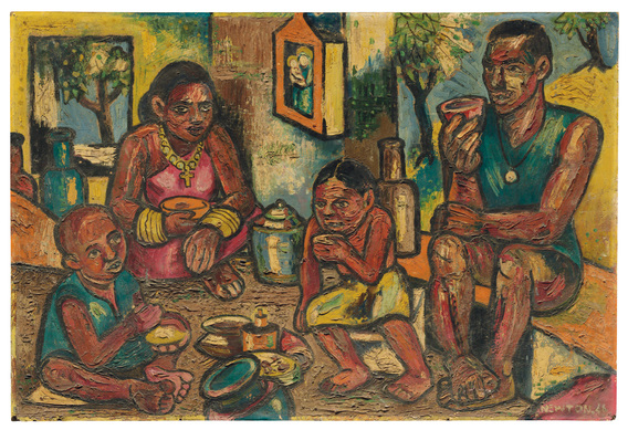 FN SOUZA, Family, 1946, oil on card laid on board, 68.7 × 101.6 cm. Courtesy Christie’s.