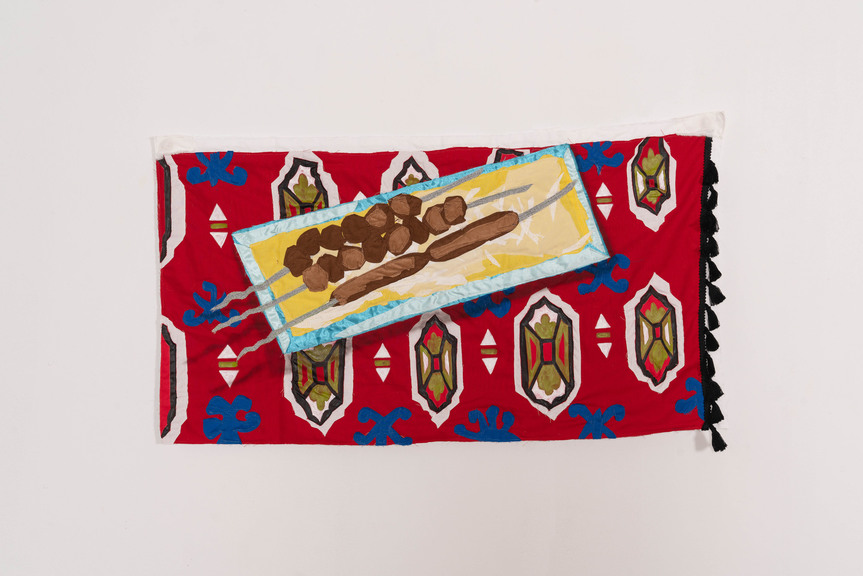 HANGAMA AMIRI, Still Life with Seekh Kebab Palow, 2021, chiffon, muslin, cotton, polyester, silk, suede, acrylic paint, 50.8 × 94 cm. Photo by Nabil Harb.