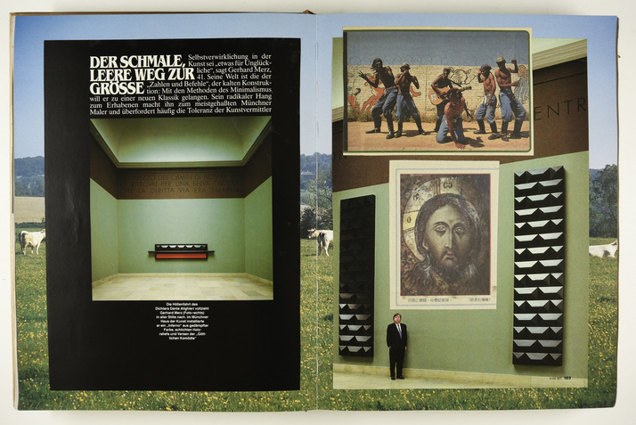 Page spread from HA BIK CHUEN’s Country Interiors, 2002, large format, hardback book featuring collages of ephemeral materials such as magazine cut-outs and newspaper clippings. Courtesy the Ha Bik Chuen family and AAA, Hong Kong.