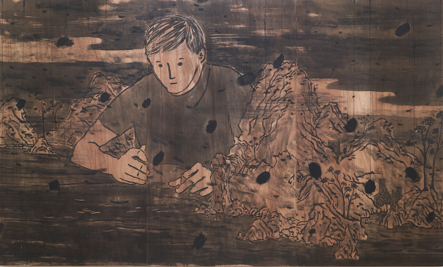 LAM TUNG PANG, Reforming Landscape, 2019, ink, charcoal, and acrylic on plywood, 180 × 300 cm. Courtesy the artist and Blindspot Gallery, Hong Kong.