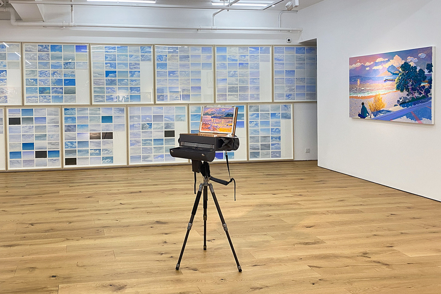 Installation view of WONG CHUN HEI’s The Study of the Sky Everyday (24/6/2017 – 23/6/2018), 2017–18, acrylic on paper, dimensions variable, at “Shining Moment,” Tang Art Foundation, Hong Kong, 2021.