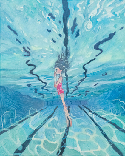 AYA TAKANO, we have a pool next to our apartment, we swim everyday, 2021, oil on canvas, 100 × 80 cm. Copyright 2021 Aya Takano/Kaikai Kiki Co., Ltd. All Rights Reserved. 